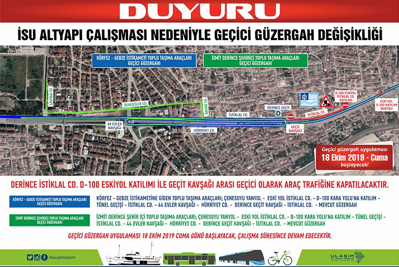 DERİNCE'DE GEÇİCİ GÜZERGAH DEĞİŞİKLİĞİ