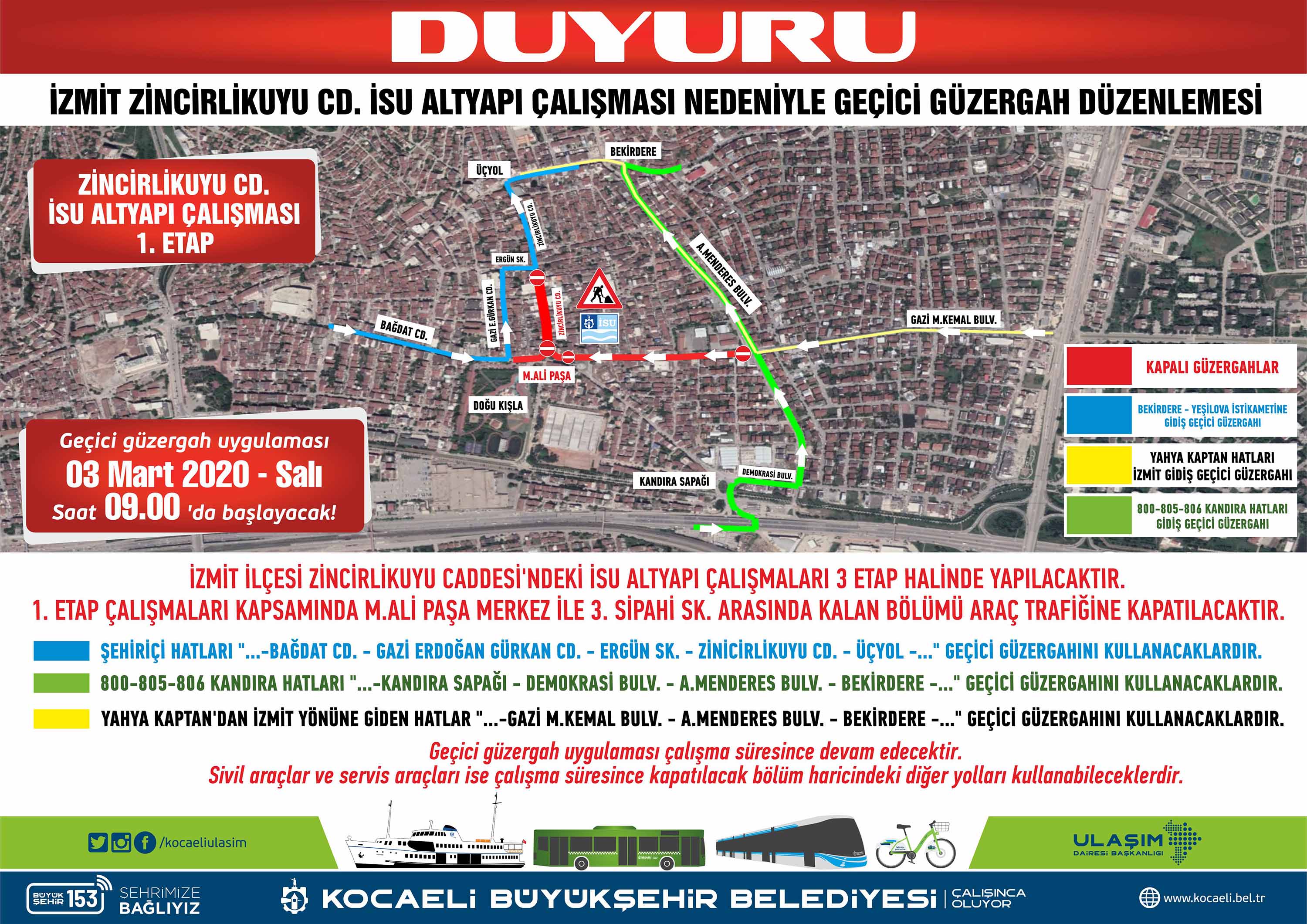 İzmit Zincirlikuyu Caddesi için geçici güzergah oluşturuldu
