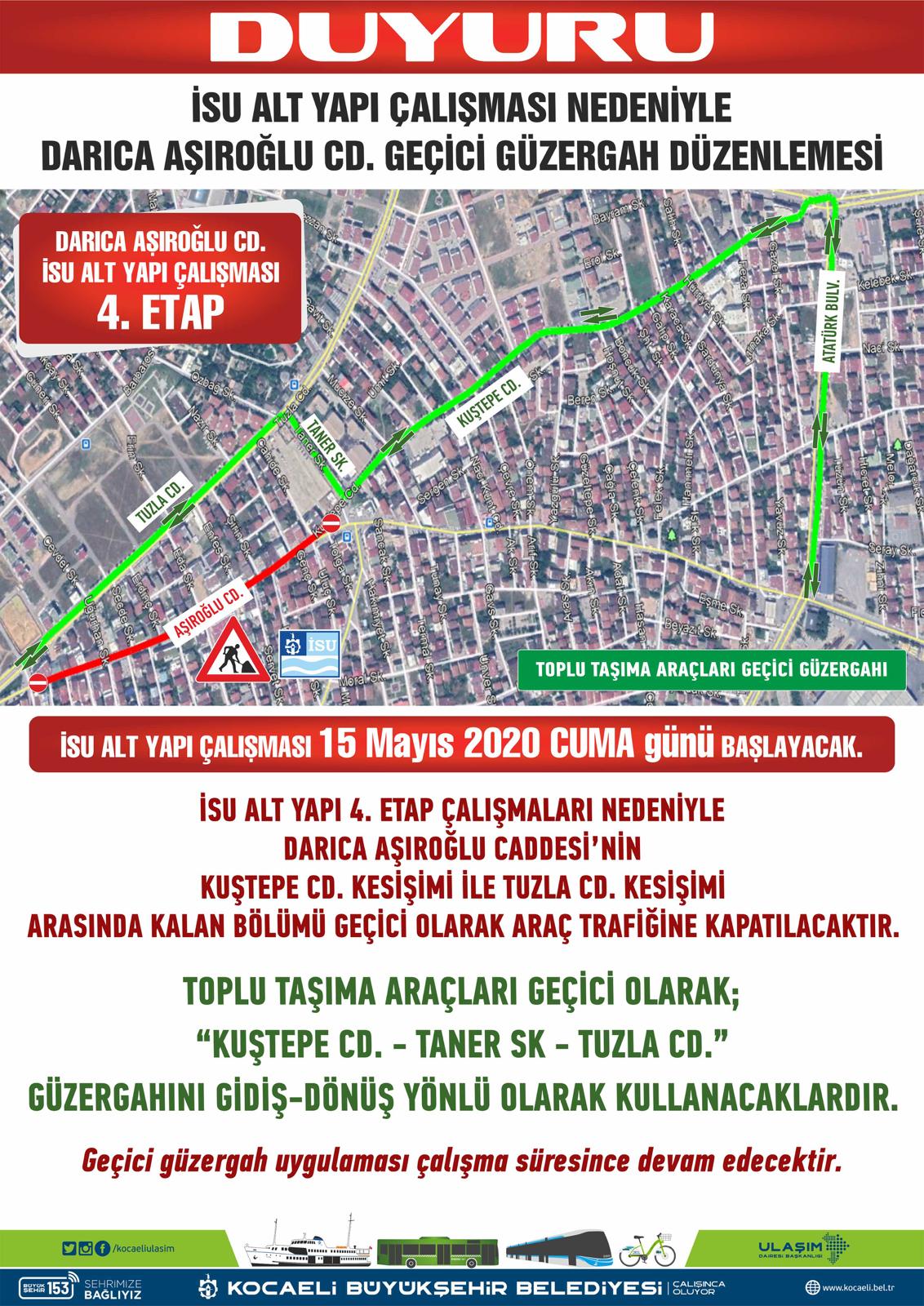 DARICA AŞIROĞLU CADDESİ'NDE GEÇİCİ GÜZERGAH UYGULAMASI
