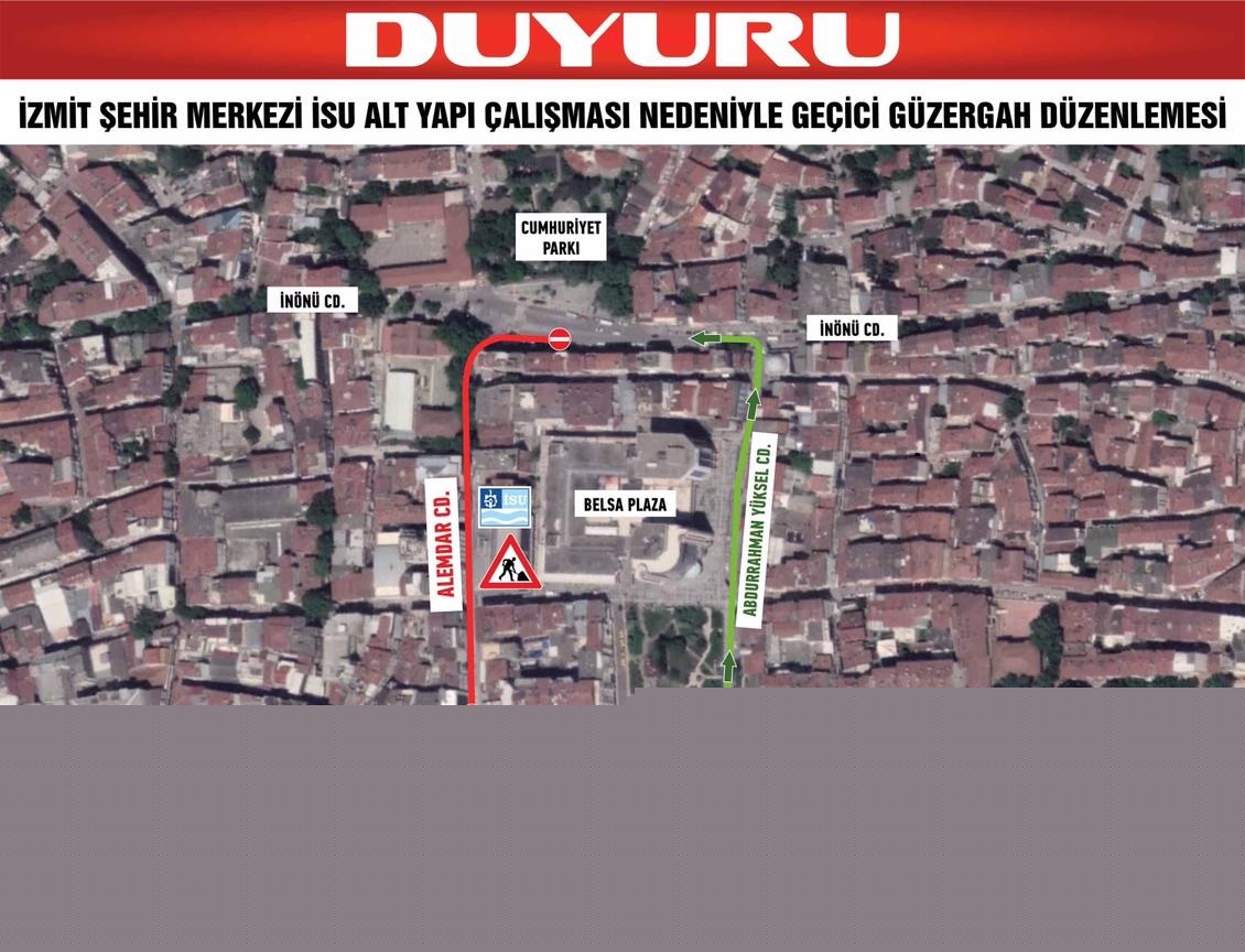 İZMİT ALEMDAR CADDESİNDE ALTYAPI ÇALIŞMASI NEDENİYLE GEÇİCİ GÜZERGAH