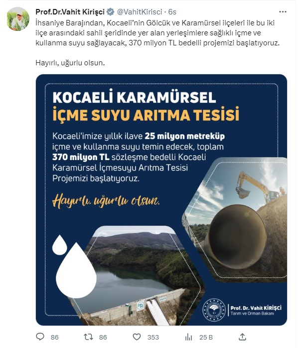 BAKAN KİRİŞÇİ AÇIKLADI; KARAMÜRSEL’E 370 MİLYON TL’YE İÇME SUYU ARITMA TESİSİ YAPILIYOR