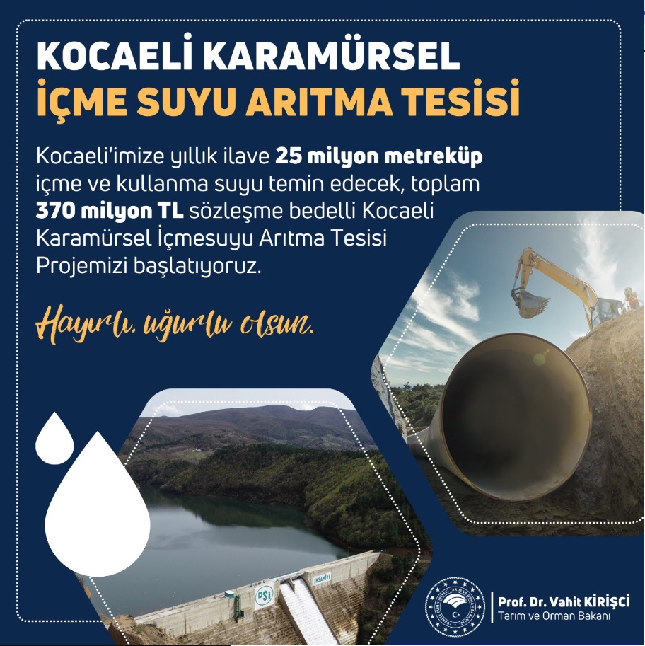 BAKAN KİRİŞÇİ AÇIKLADI; KARAMÜRSEL’E 370 MİLYON TL’YE İÇME SUYU ARITMA TESİSİ YAPILIYOR