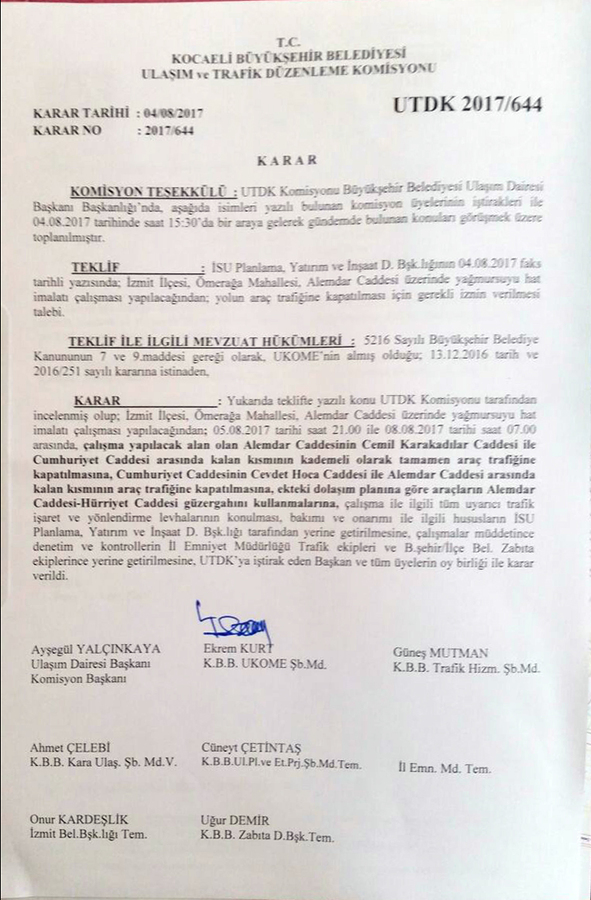 İzmit Alemdar Caddesi’nde Altyapı Çalışması Nedeniyle Trafik Düzenlemesi