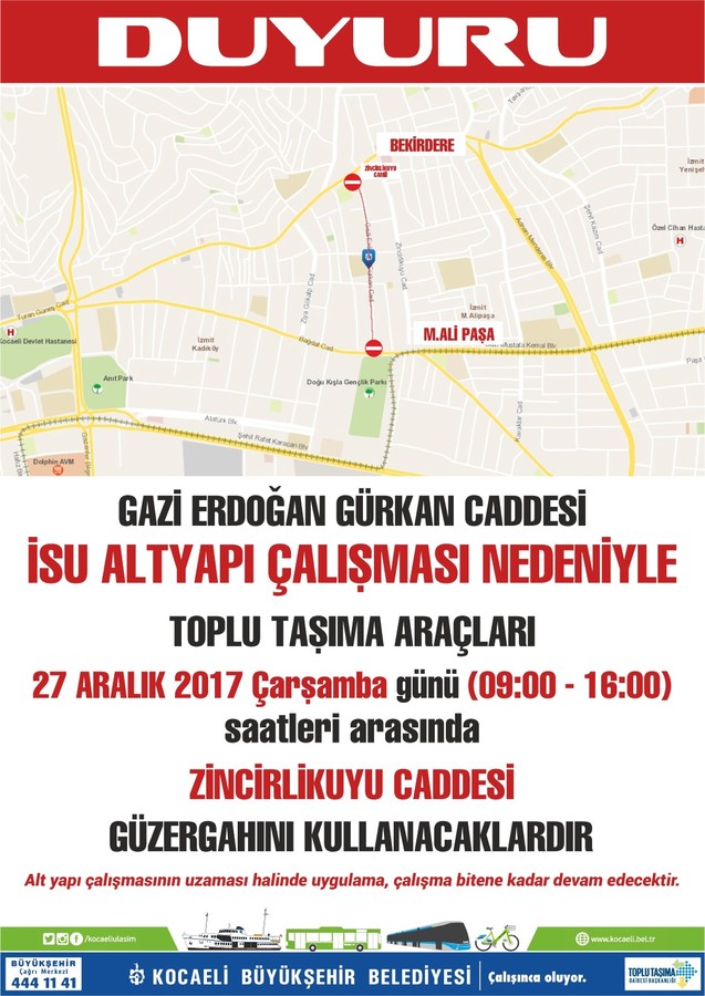 İzmit Gazi Erdoğan Gürkan Caddesi’nde altyapı çalışması nedeniyle araç trafiği düzenlemesi yapılacak.