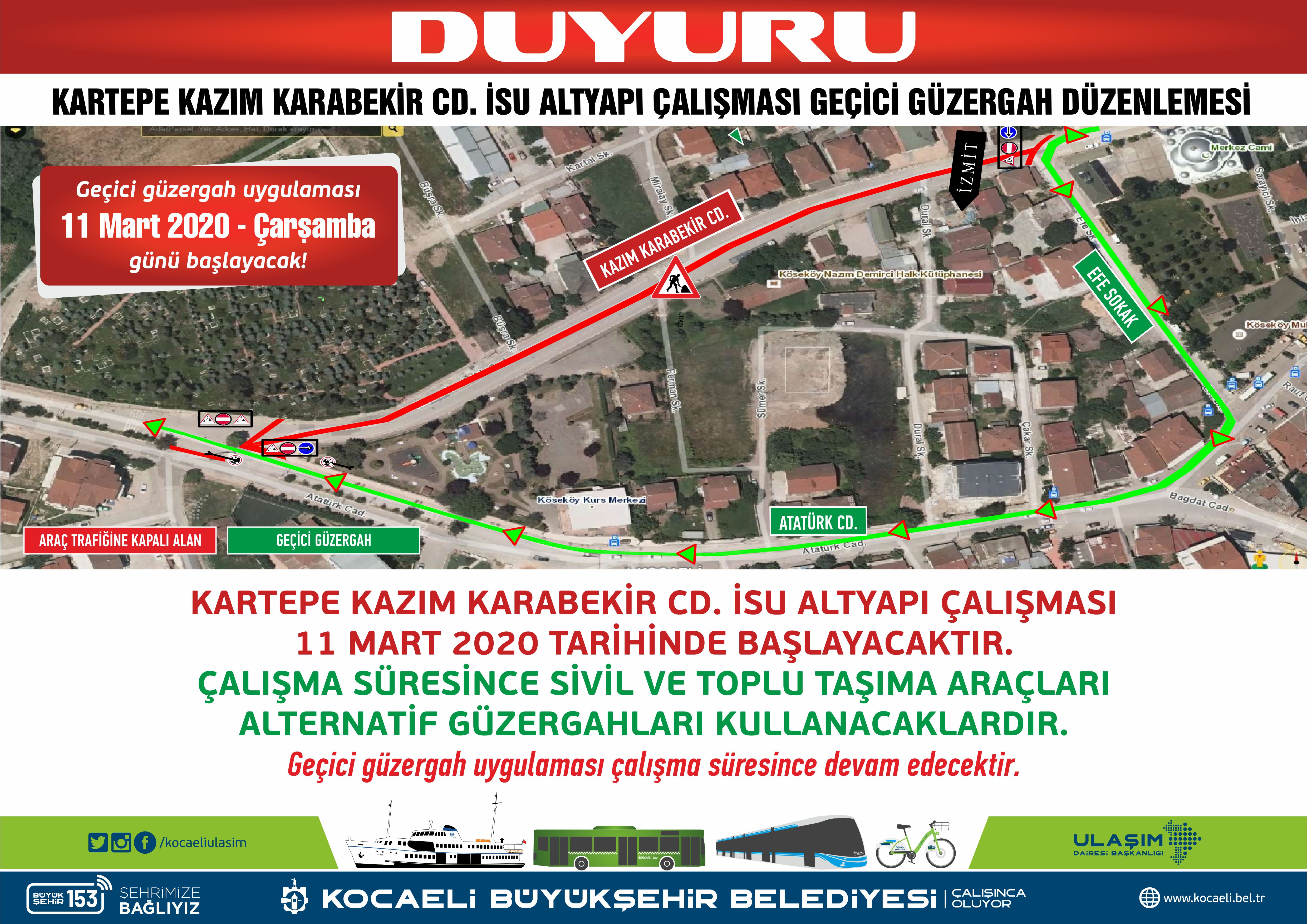 Kartepe’de Altyapı Nedeniyle Geçici Güzergah Oluşturuldu