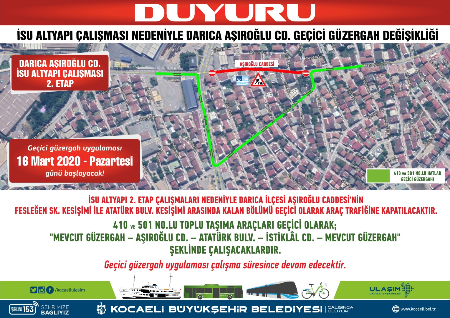 Darıca Aşıroğlu Caddesi’ne geçici trafik düzenlemesi