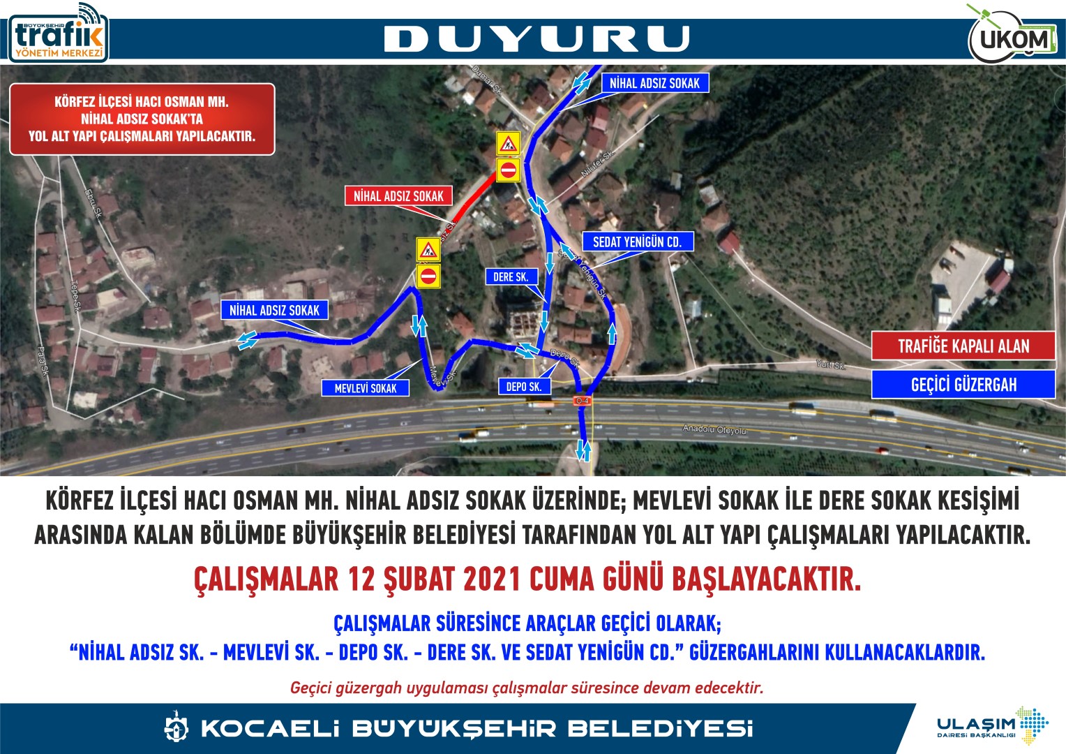 Körfez ve Dilovası’nda geçici güzergah düzenlemesi